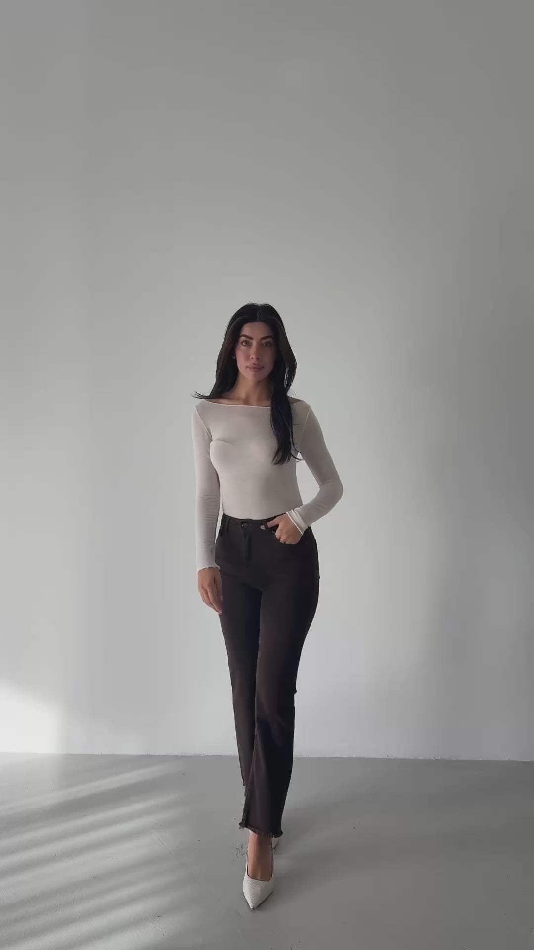 Aria Espresso Mini Flare Jean — styled outfit video showing movement and fit of high-rise mini flare denim in espresso wash | Mia & Luna
