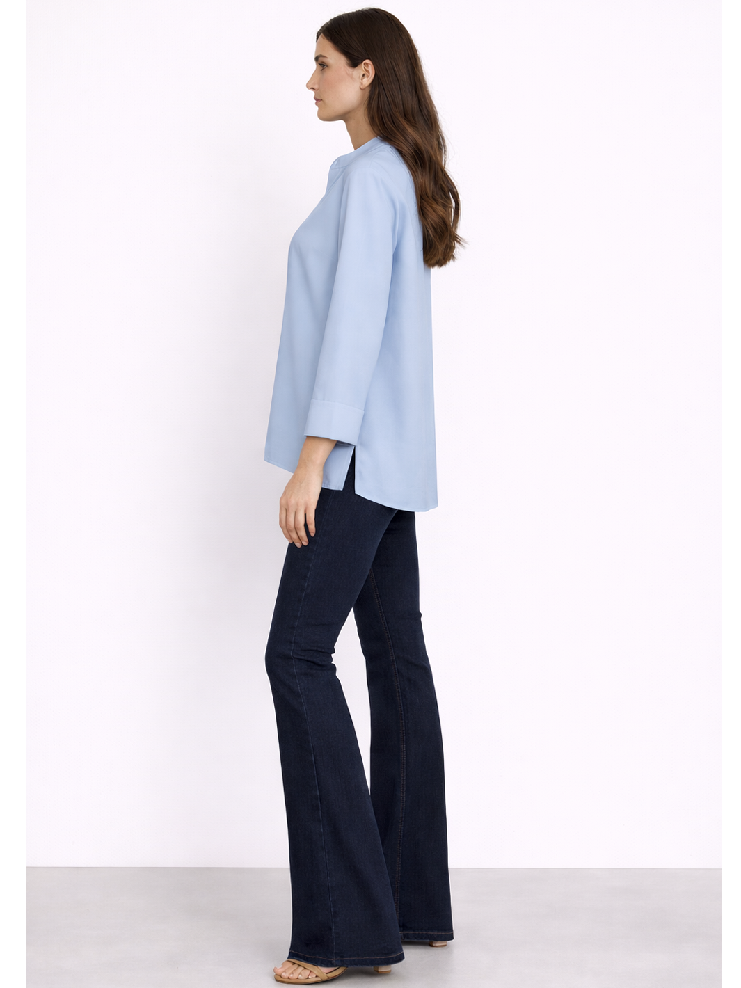 Willa Shirt Blue — full body side profile styled with the Lara Deep Indigo Flare Jean | Mia & Luna