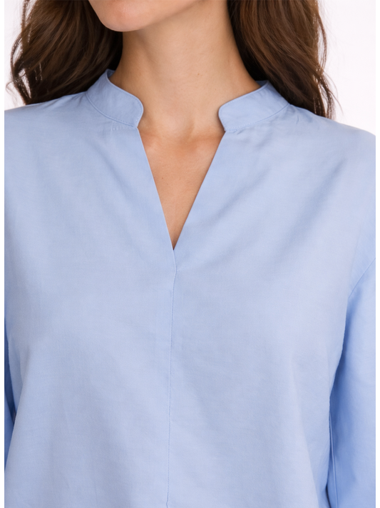 Willa Shirt Blue — close-up of Nehru collar showing neckline detail | Mia & Luna