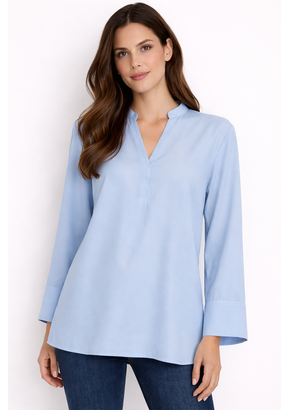 Willa Shirt Blue — half body view with shirt untucked showing how it falls on the body | Mia & Luna