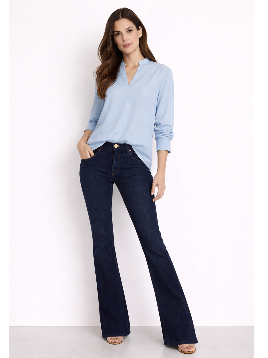 Willa Shirt Blue — full length styled view worn  with the Lara Deep Indigo Flare Jean | Mia & Luna