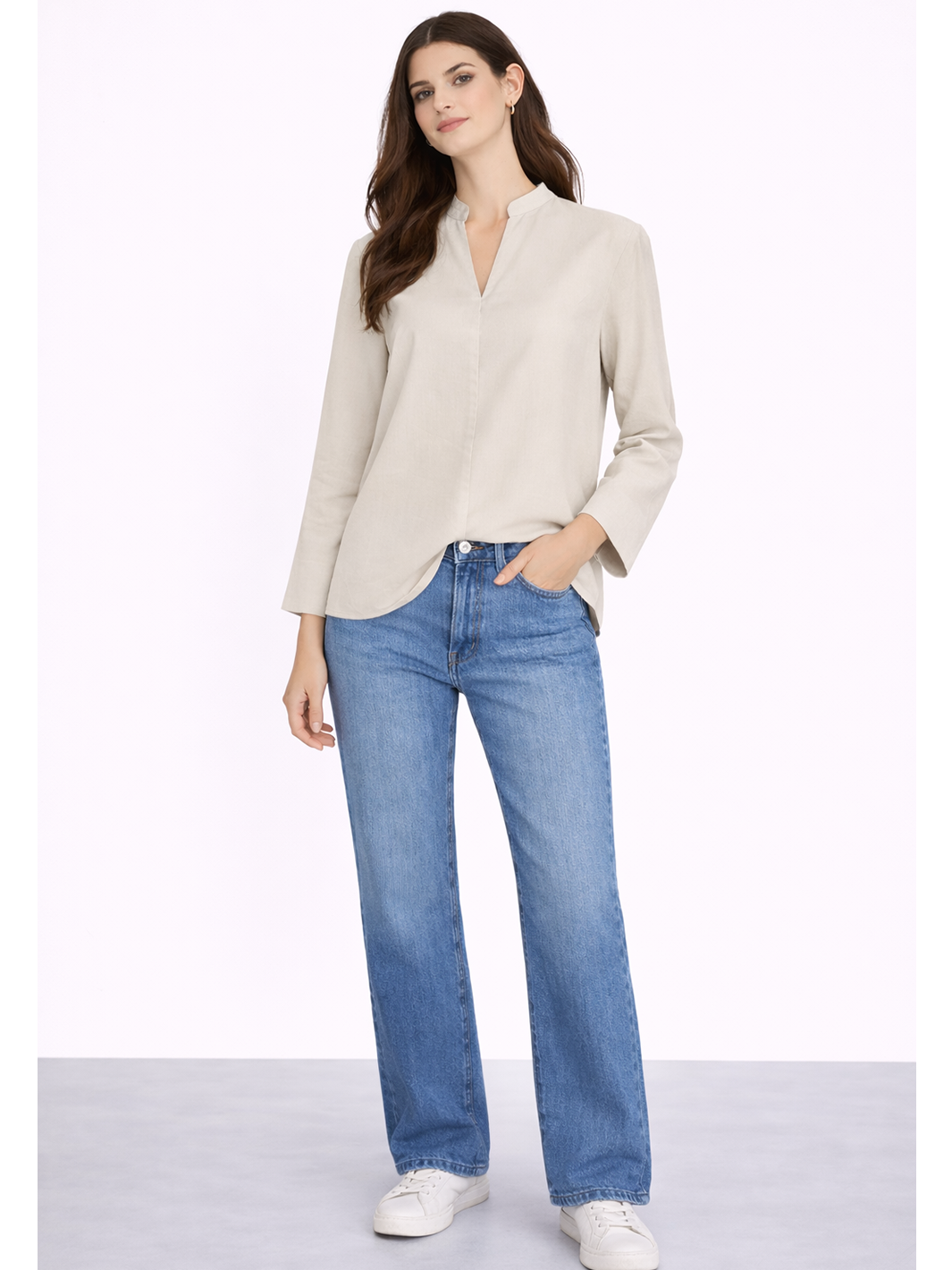 Willa Shirt Soft Latte — full body front facing styled view with shirt half tucked in | Mia & Luna
